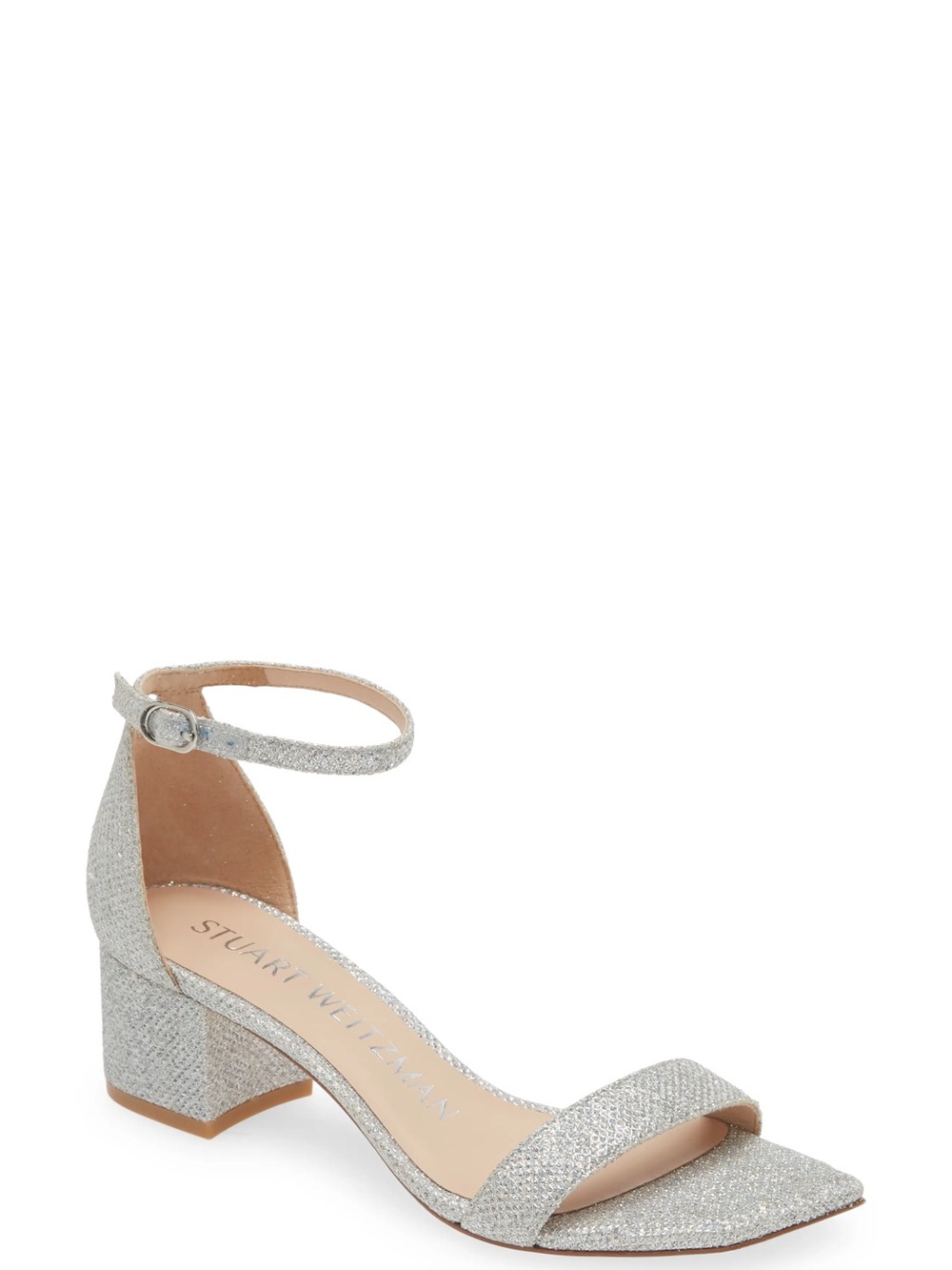 Stuart Weitzman Silver Glitter Ankle-Strap Block Heel Sandal - Size 7